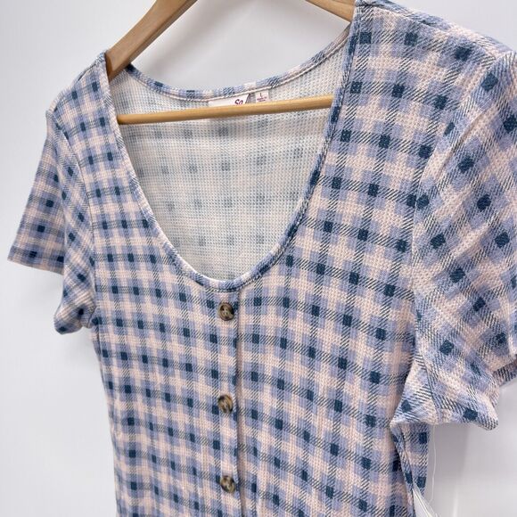 SO Womens Juniors Large Plaid Scoop Neck Skater Dress Button Front Short Sleeve - Picture 2 of 8